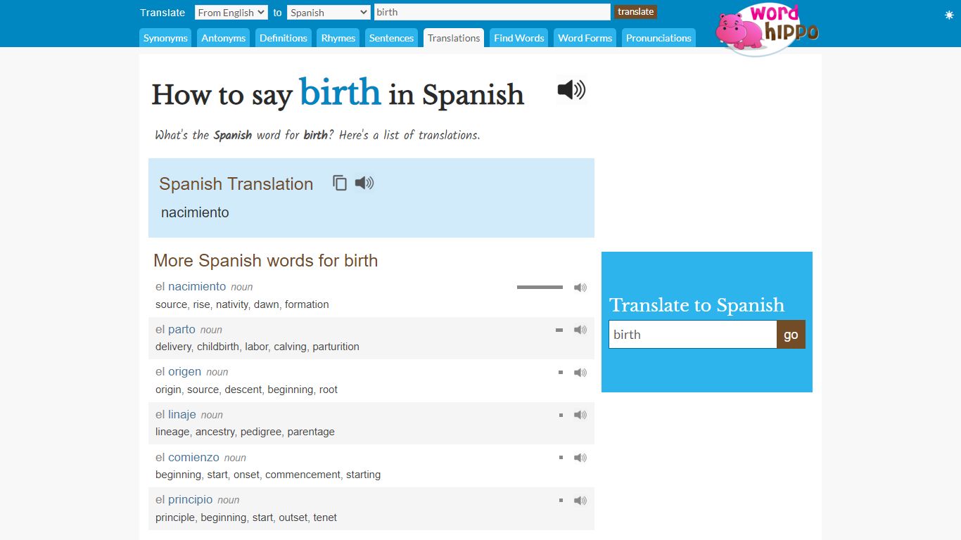 How to say birth in Spanish - WordHippo