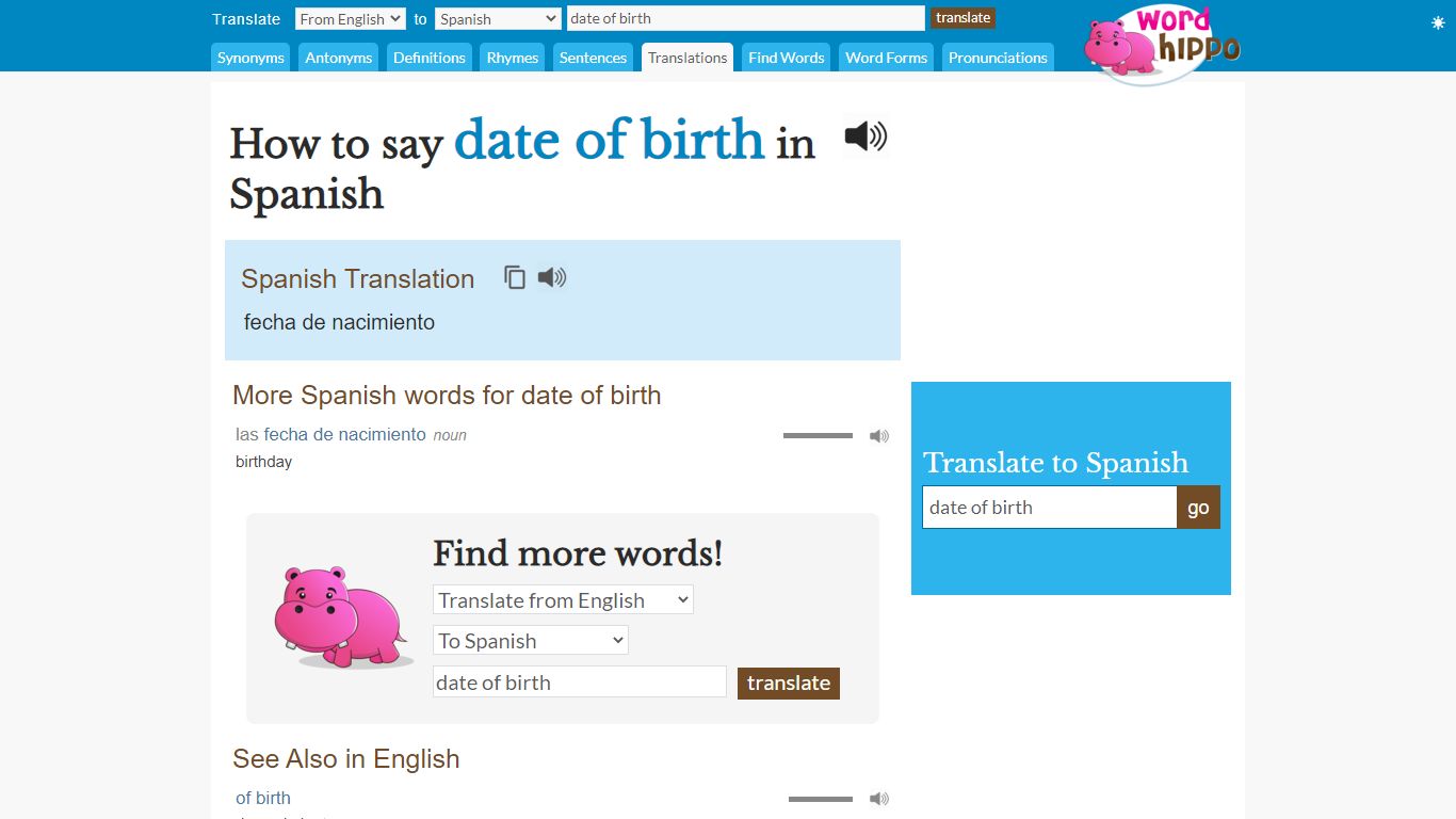 How to say date of birth in Spanish - wordhippo.com
